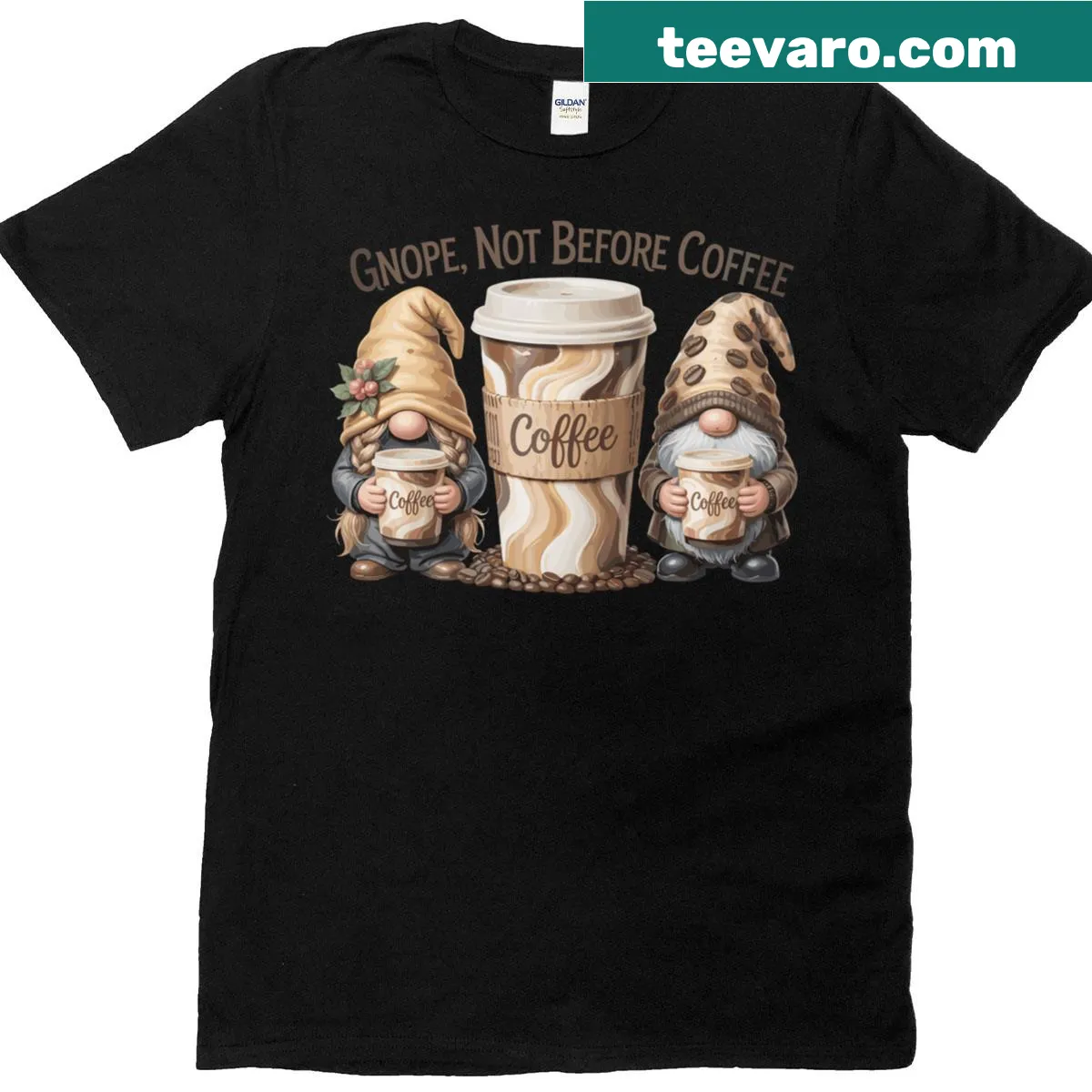 Funny gnomes graphic with coffee theme on a t-shirt — on a men's t-shirt