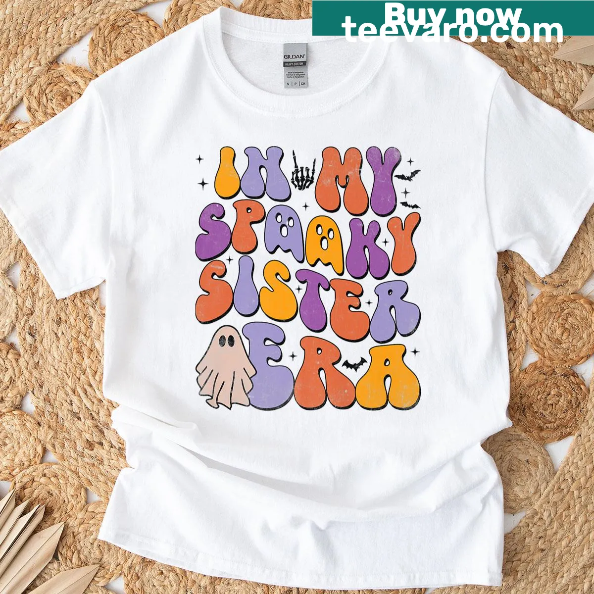 Cute ghost graphic on Halloween sister T-shirt — on a men's t-shirt