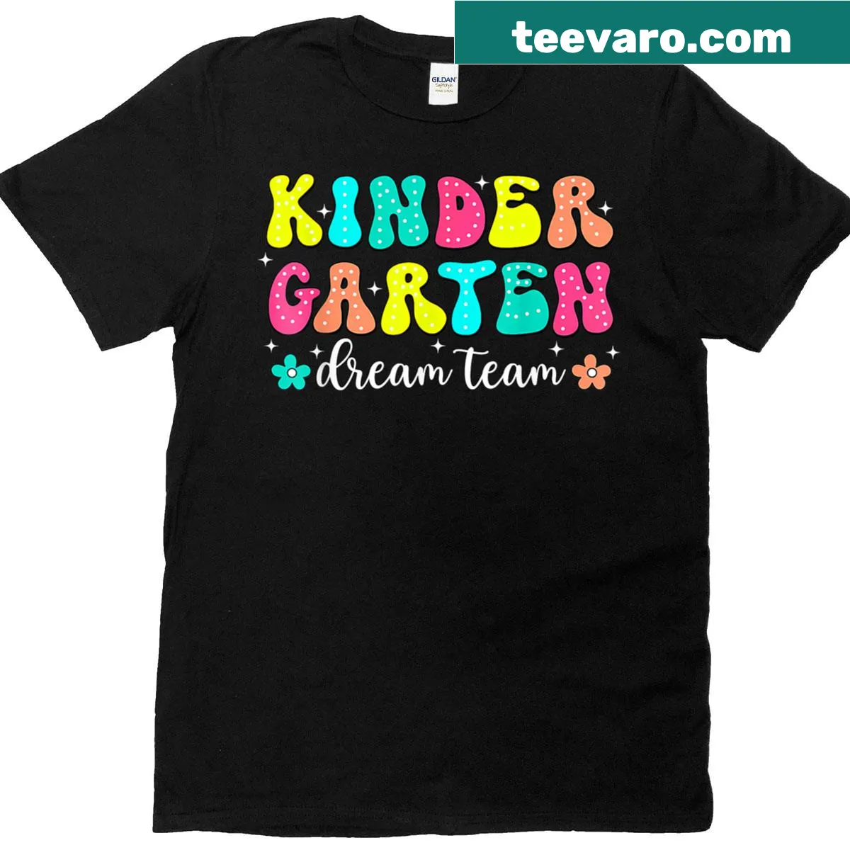 Groovy kindergarten teacher t-shirt with playful text and graphics — on a men's t-shirt