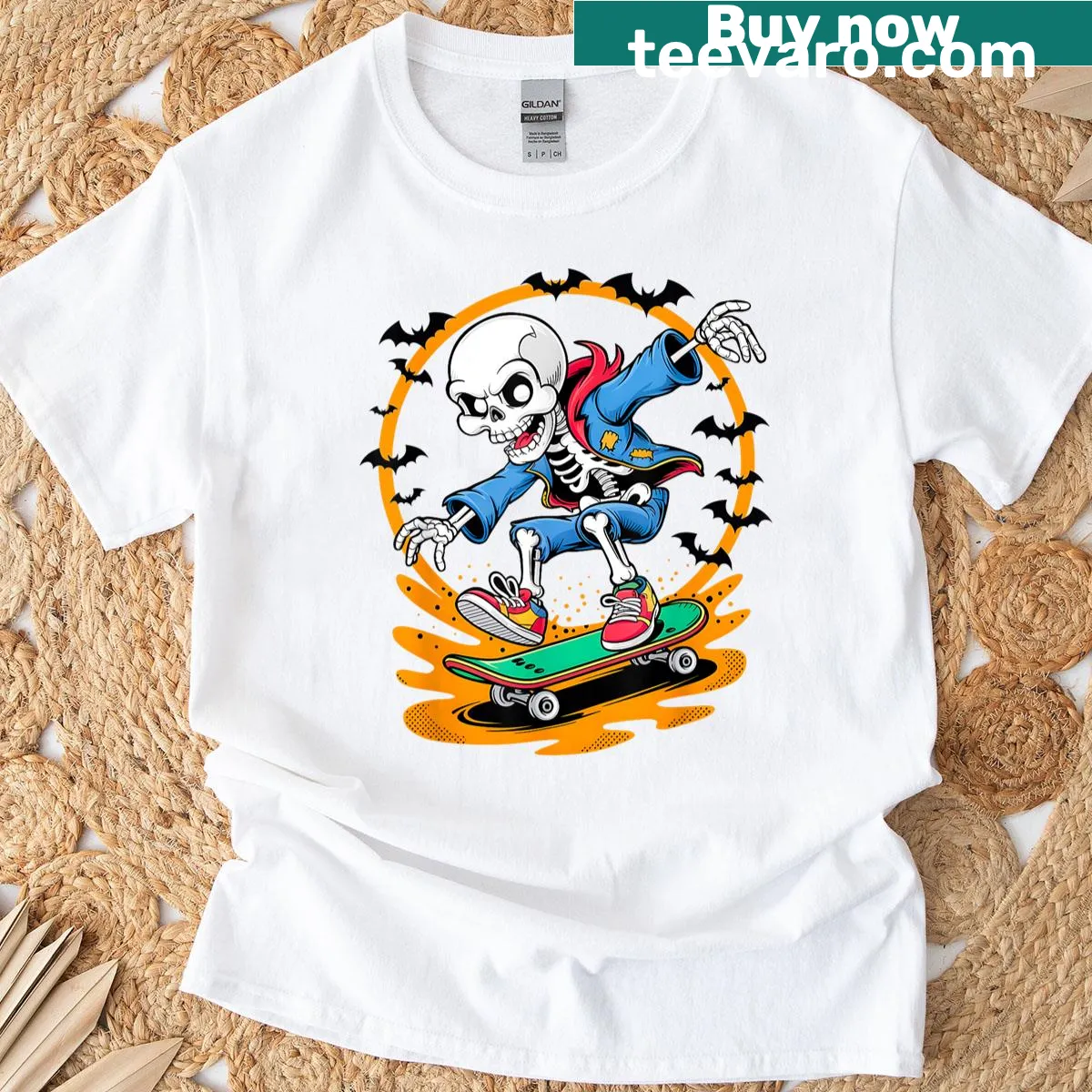 Cartoon skeleton skater T-shirt for Halloween fun — on a men's t-shirt