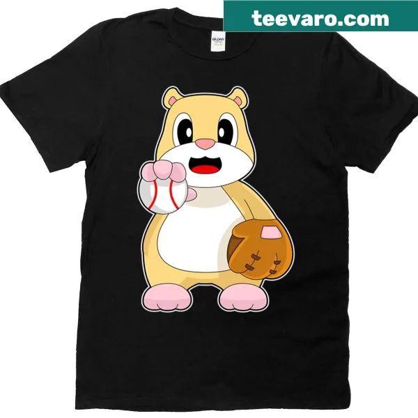 Illustrated T-shirt with a hamster wearing a baseball glove