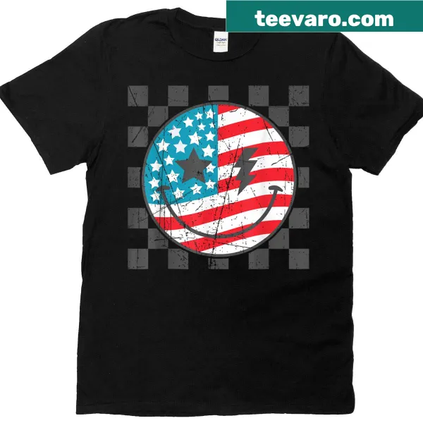 Groovy smiley face T-shirt with USA flag colors for July 4th