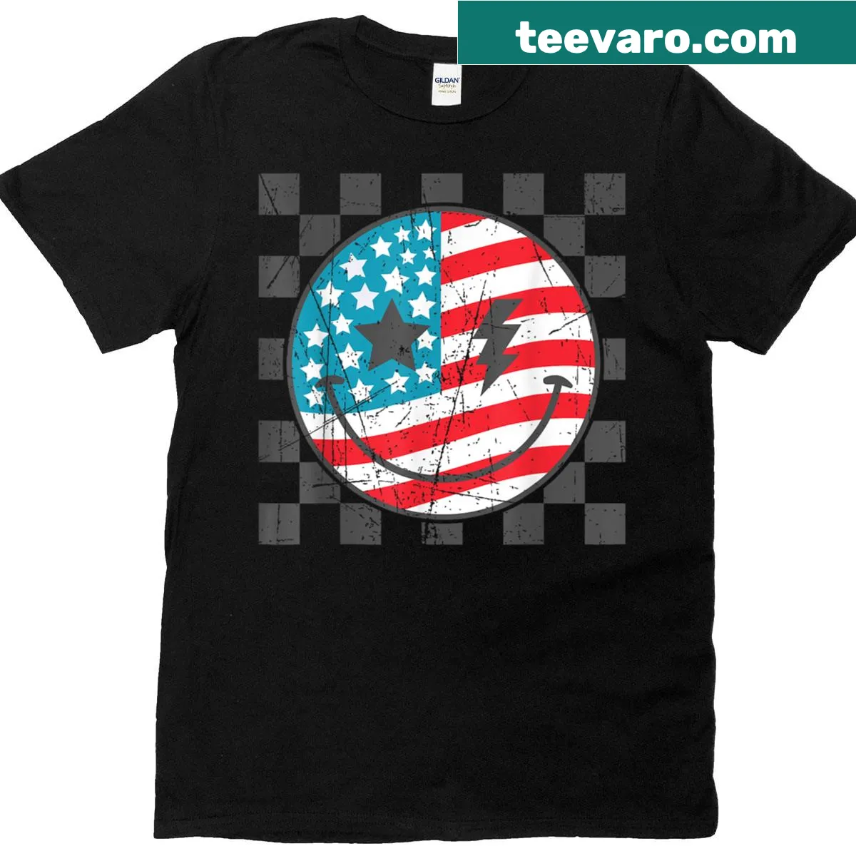 Groovy smiley face T-shirt with USA flag colors for July 4th — on a men's t-shirt