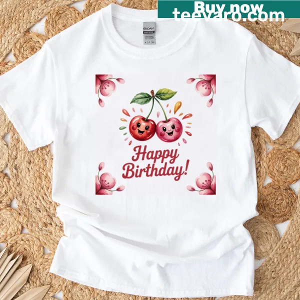 Oversized T-shirt with playful cherry graphic and festive birthday text