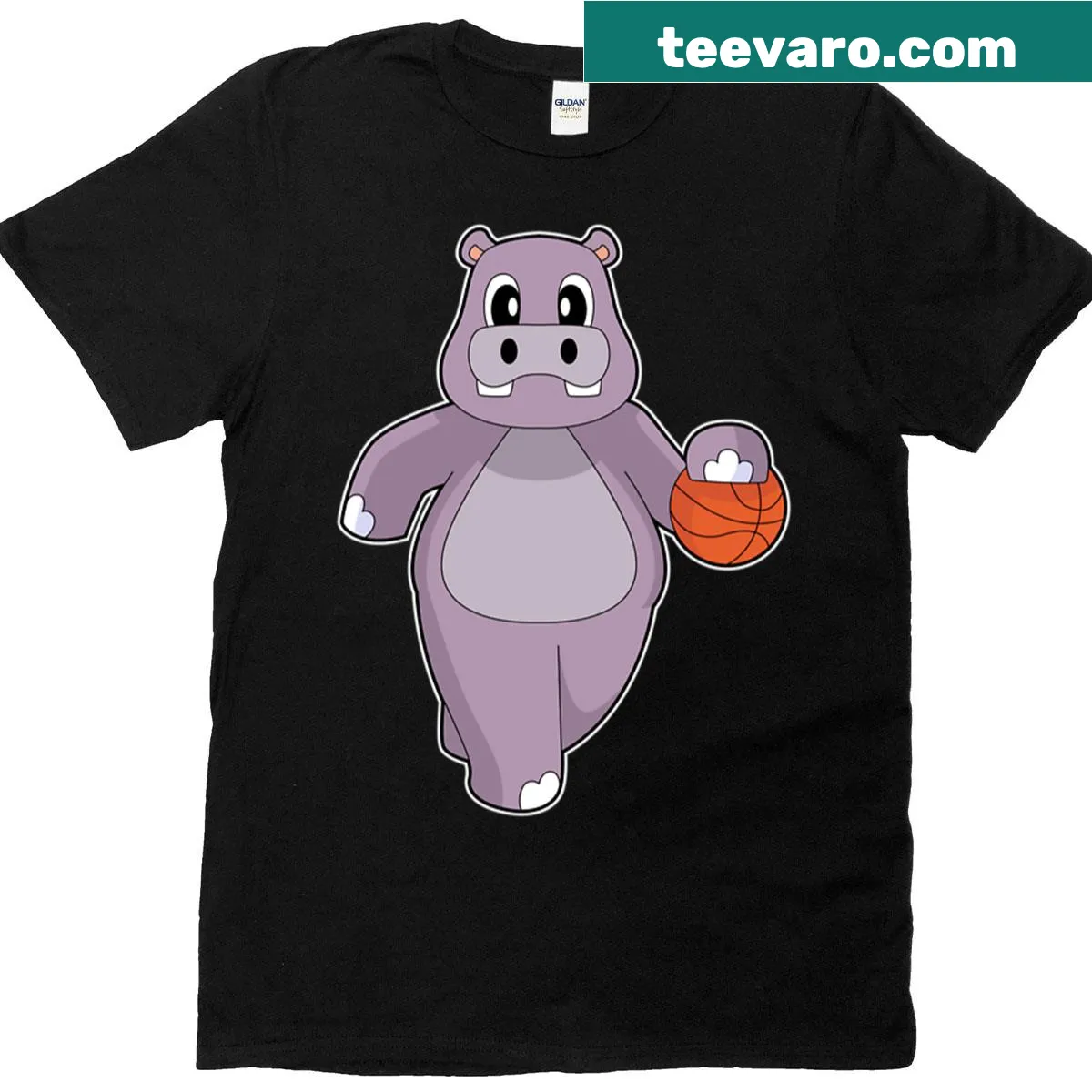 Illustrated T-shirt featuring a hippo playing basketball — on a men's t-shirt