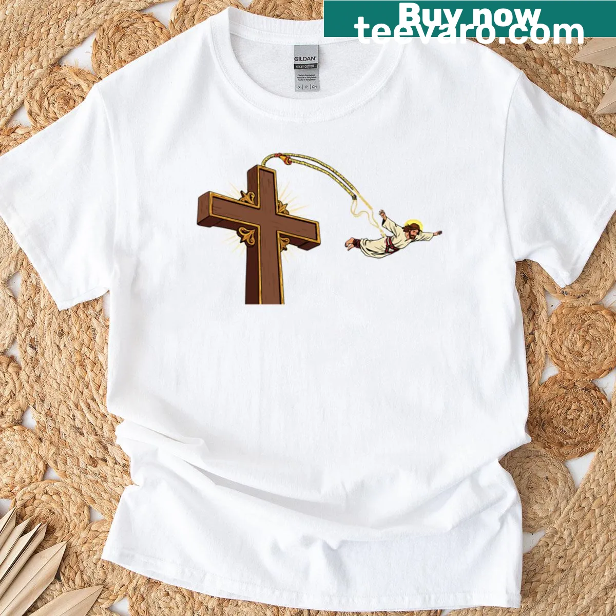 Funny bungee jumping themed graphic on T-shirt — on a men's t-shirt