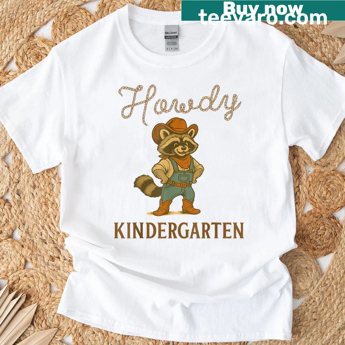 Cute kindergarten teacher t-shirt featuring a cowgirl raccoon — on a men's t-shirt