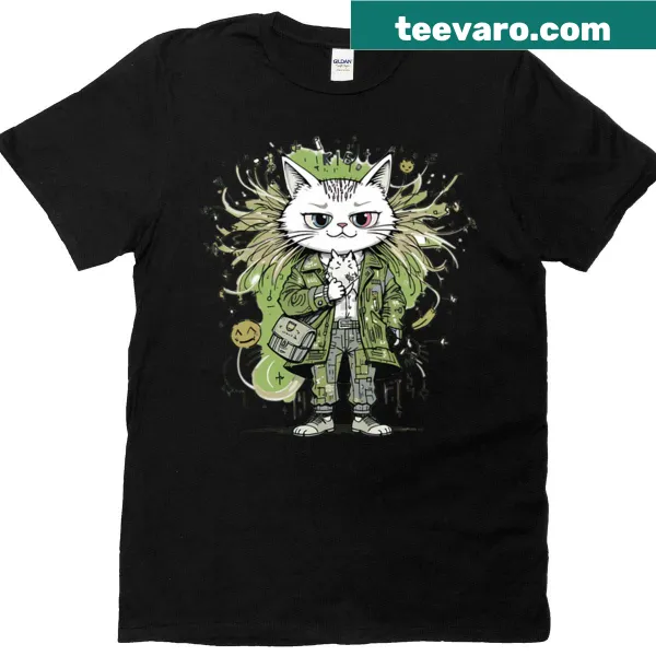 Cartoon cat wearing clothes on a t-shirt