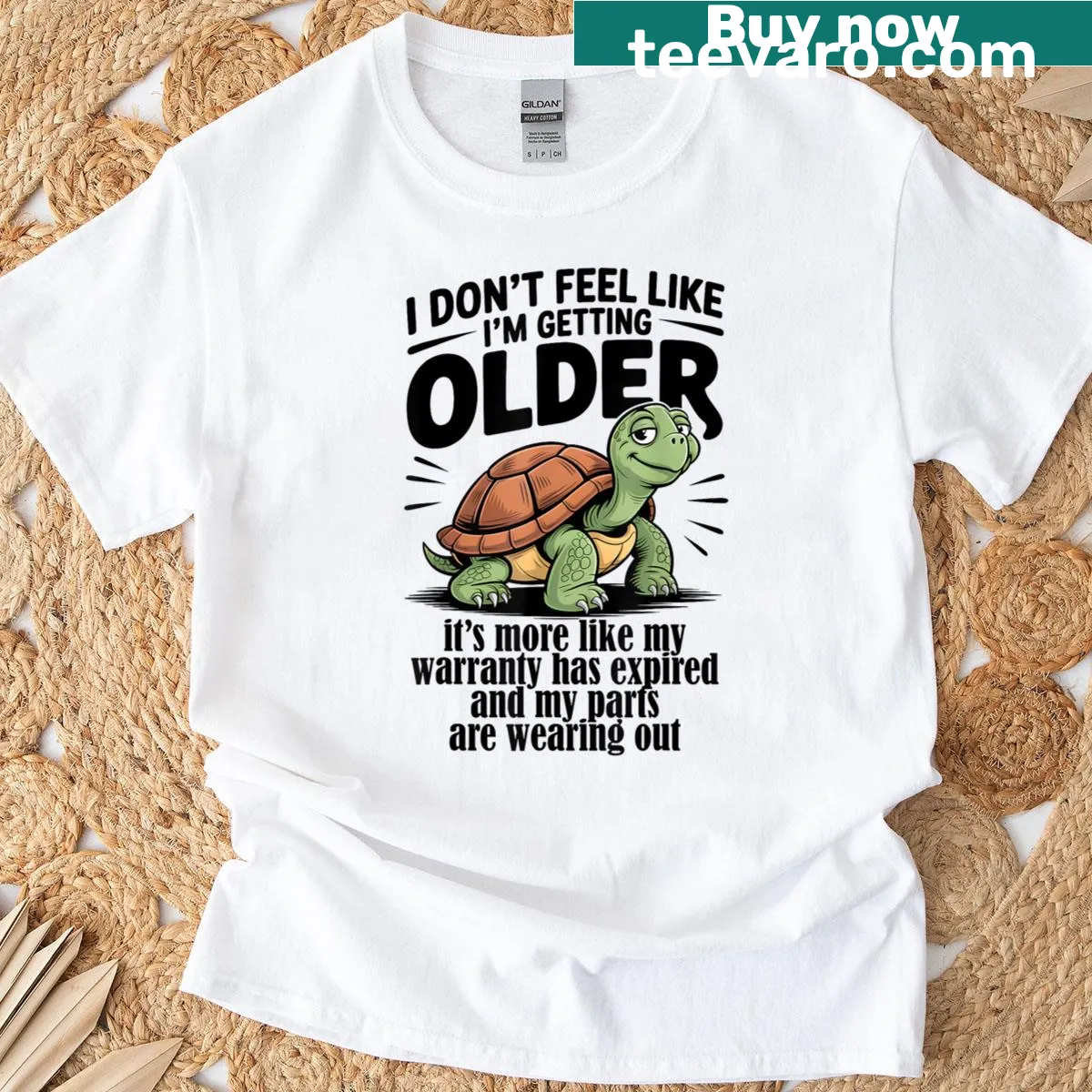Vintage T-shirt featuring a humorous turtle graphic and text about aging — on a men's t-shirt