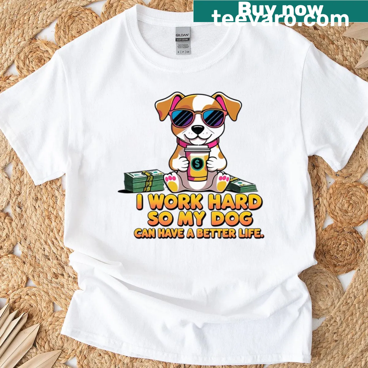 Funny T-shirt with text about working hard for your dog's happiness — on a men's t-shirt