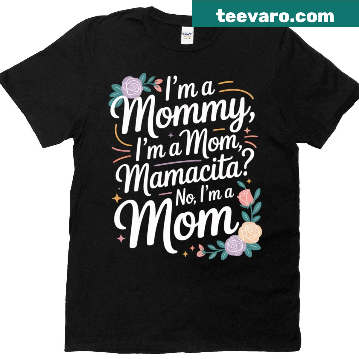 Funny mom t-shirt with flowers and humorous text about being a mom — on a men's t-shirt