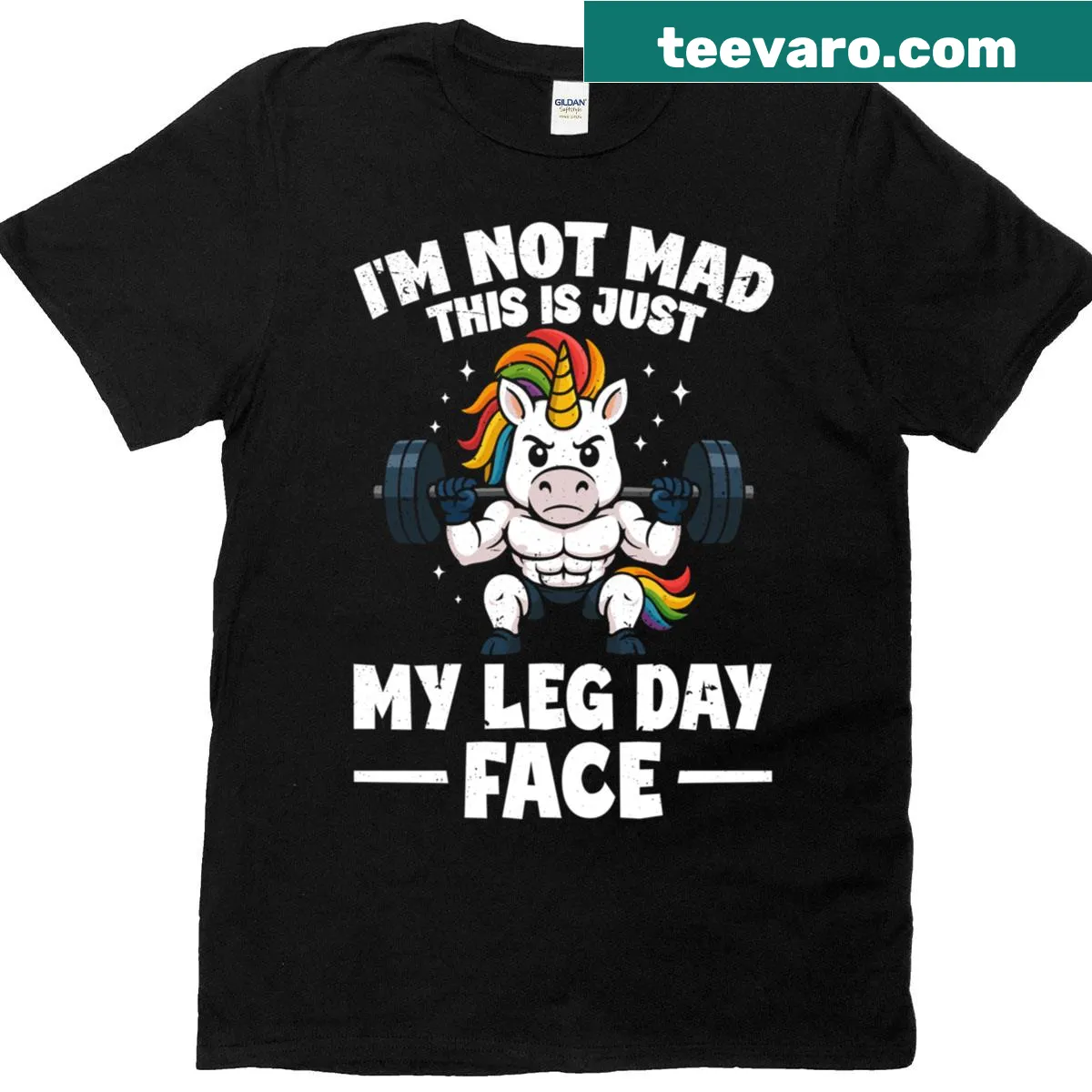 Funny unicorn graphic T-shirt with leg day expression and text — on a men's t-shirt