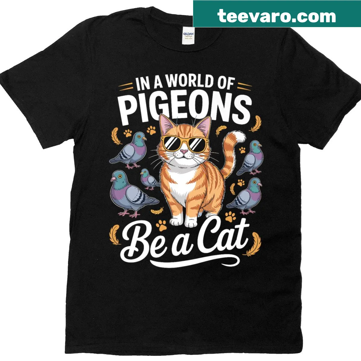 Retro cat pun graphic featuring pigeons and cute cats on a classic t-shirt — on a men's t-shirt