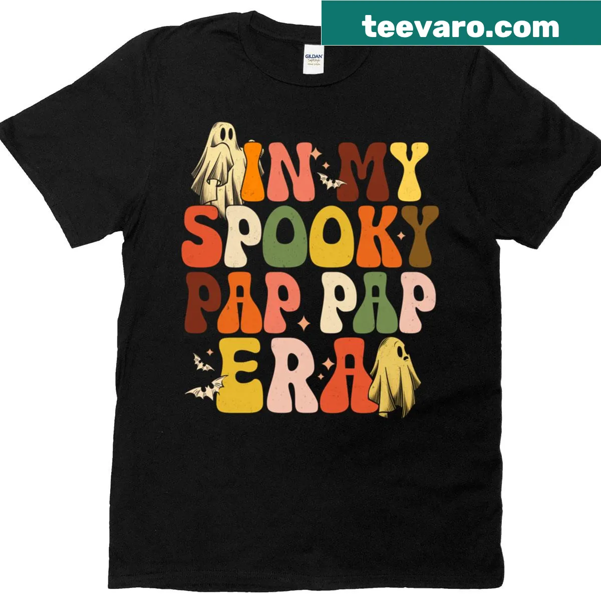 Retro Halloween-themed t-shirt for dads with ghost illustrations — on a men's t-shirt