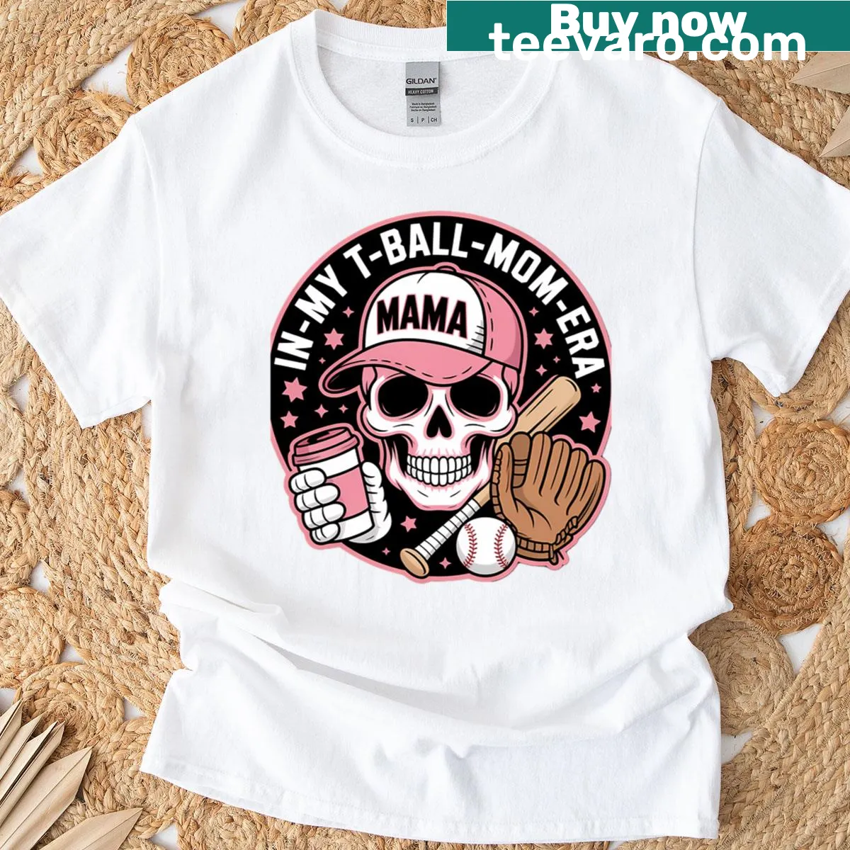 Skeleton playing T-ball graphic on a mom-themed shirt — on a men's t-shirt