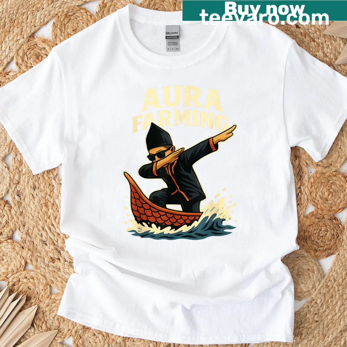Illustration of a kid racing on a boat in the Indonesian style — on a men's t-shirt