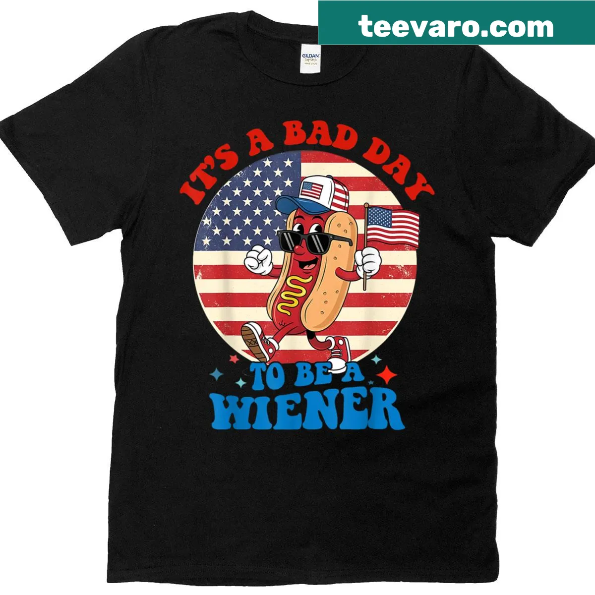 Humorous hot dog graphic on a Fourth of July T-shirt — on a men's t-shirt