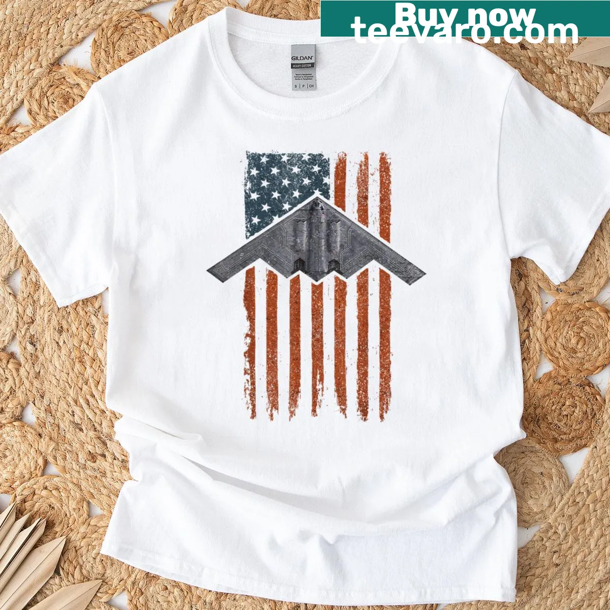 Illustration of B-2 Spirit Bomber on a patriotic T-shirt — on a men's t-shirt