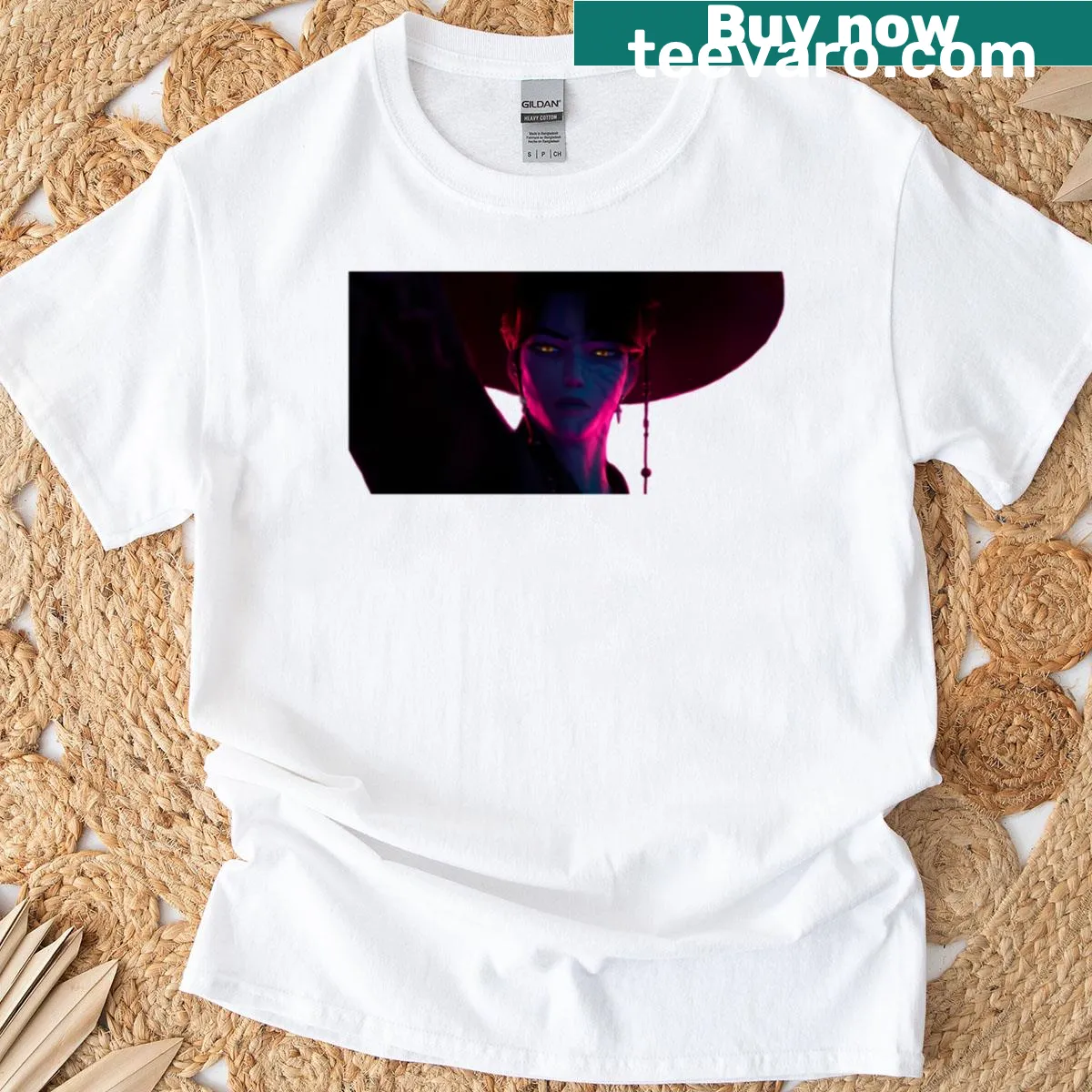 Illustration of Jinu as a demon hunter on a T-shirt — on a men's t-shirt