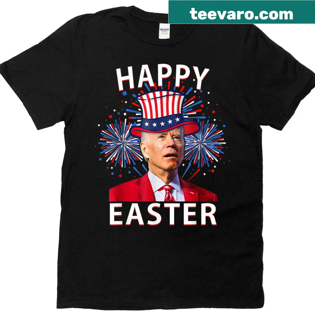 Humorous Joe Biden t-shirt with Easter and fireworks elements — on a men's t-shirt