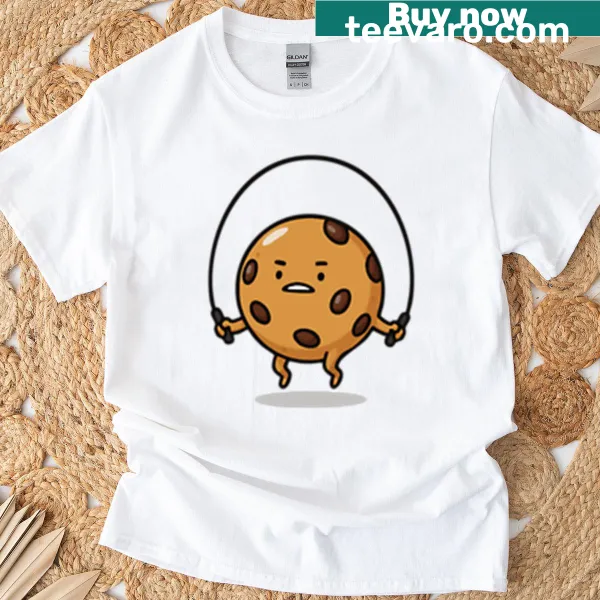 Cartoon cookie doing cardio, adding humor to food-themed wear