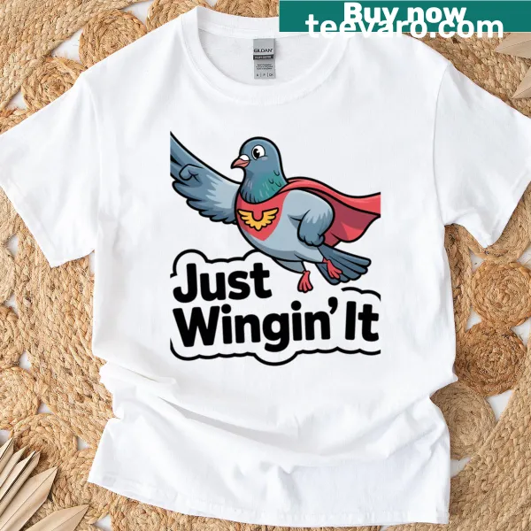 Playful pigeon graphic on a T-shirt with 'Just Wingin It' text