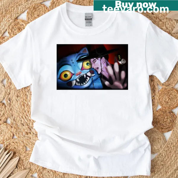 Cute cat graphic on a T-shirt featuring K-pop character Angry Jinu