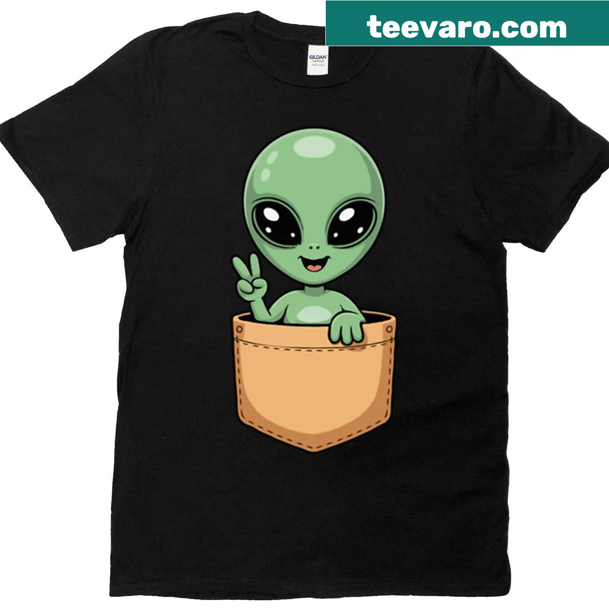 Cute alien character peeking from a pocket on a T-shirt — on a men's t-shirt