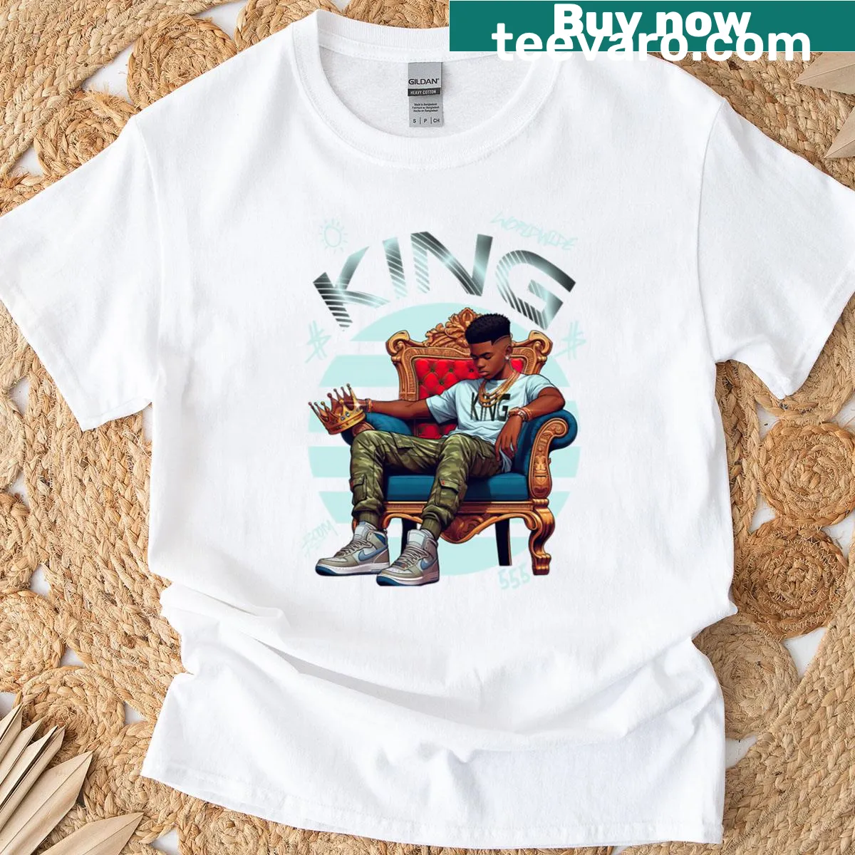 Bold typography oversized T-shirt saying 'King Mode Activated' — on a men's t-shirt