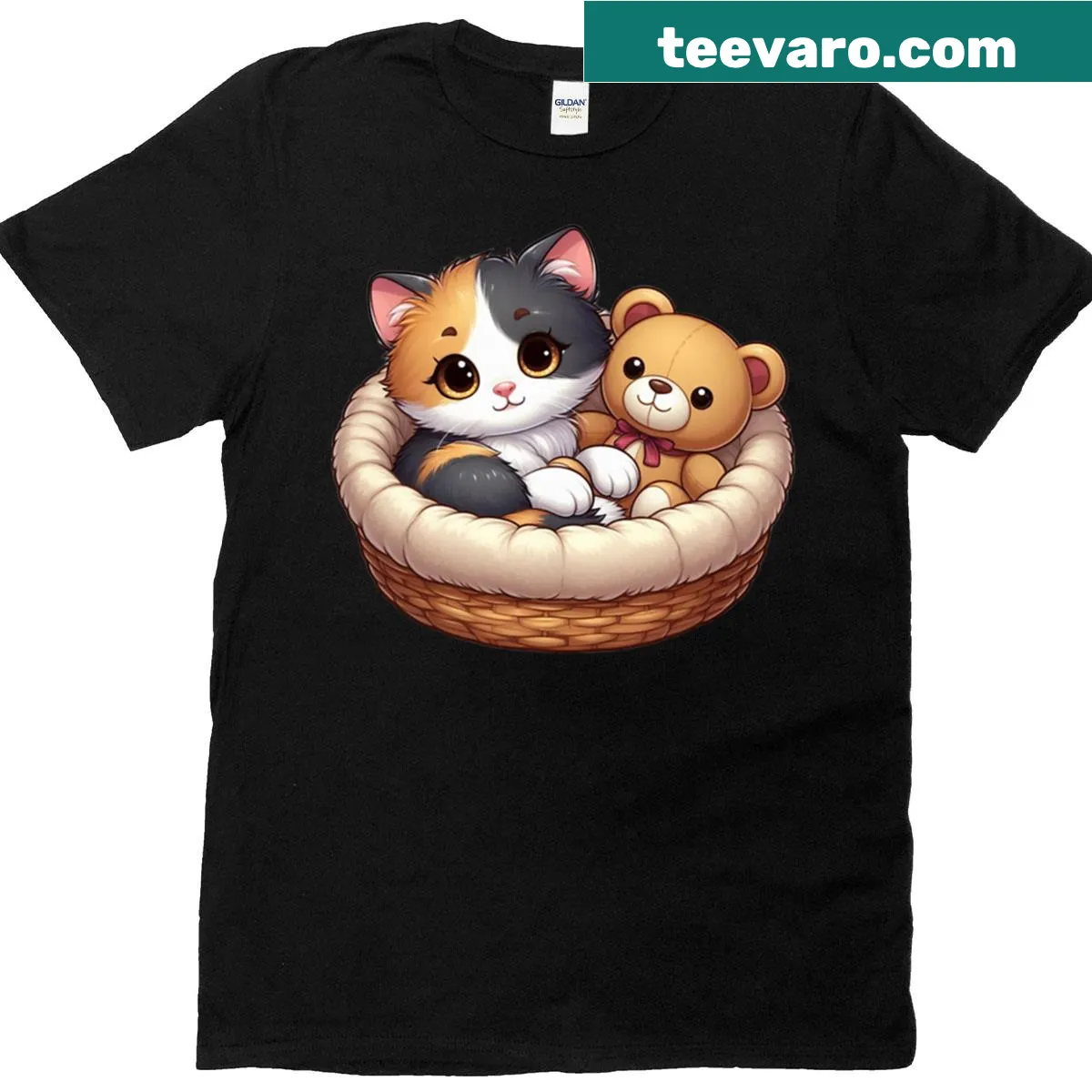 Cartoon kitten in a basket with a teddy bear design — on a men's t-shirt