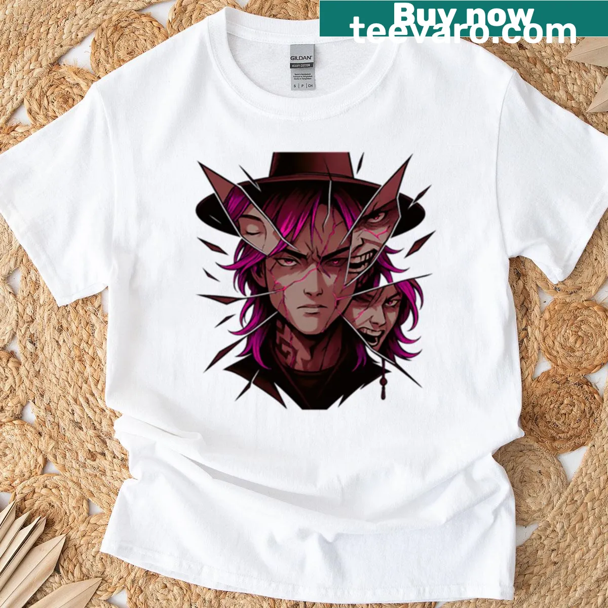 Oversized t-shirt with Kpop demon hunters in anime style art — on a men's t-shirt