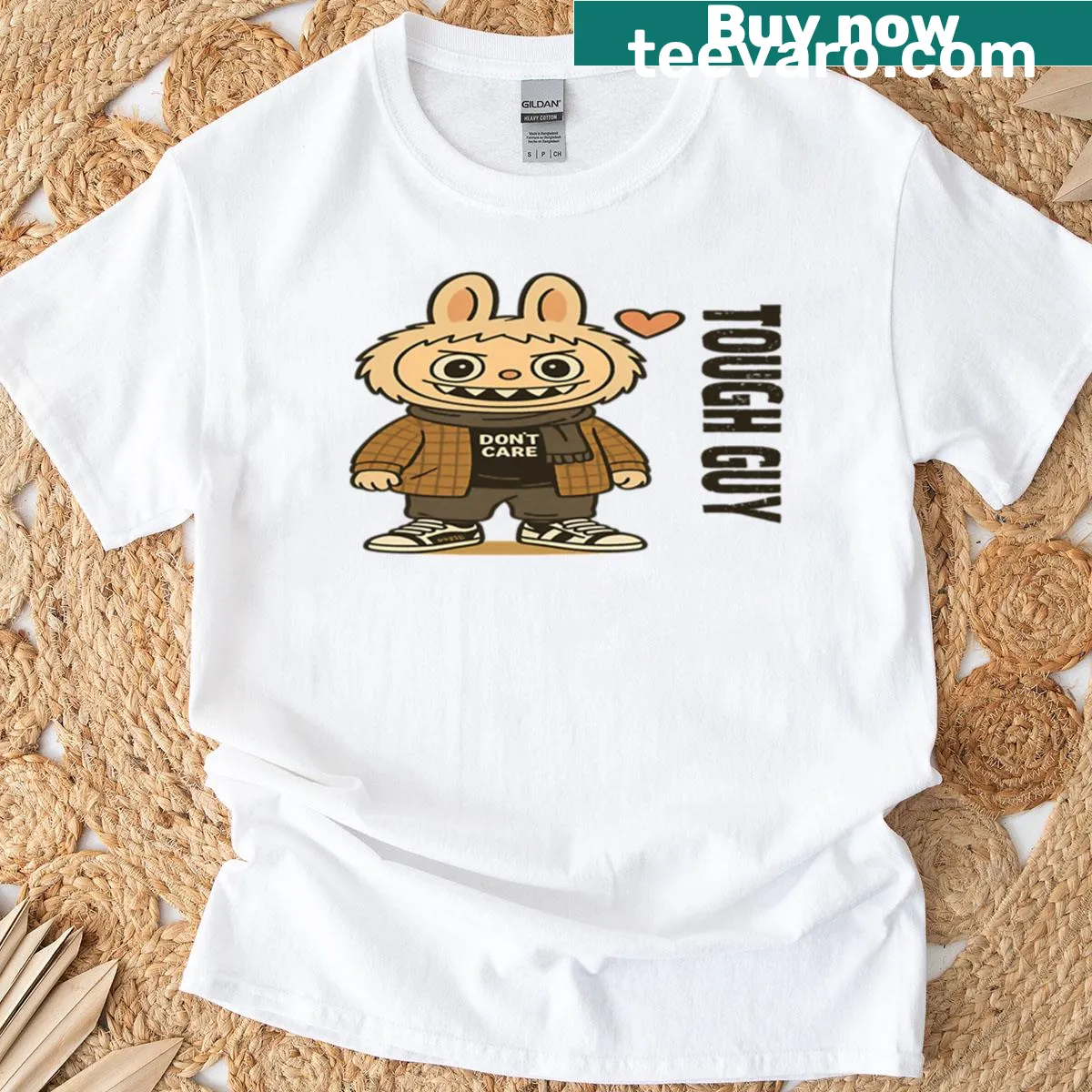 Edgy street style graphic on Labubu Tough Guy t-shirt — on a men's t-shirt