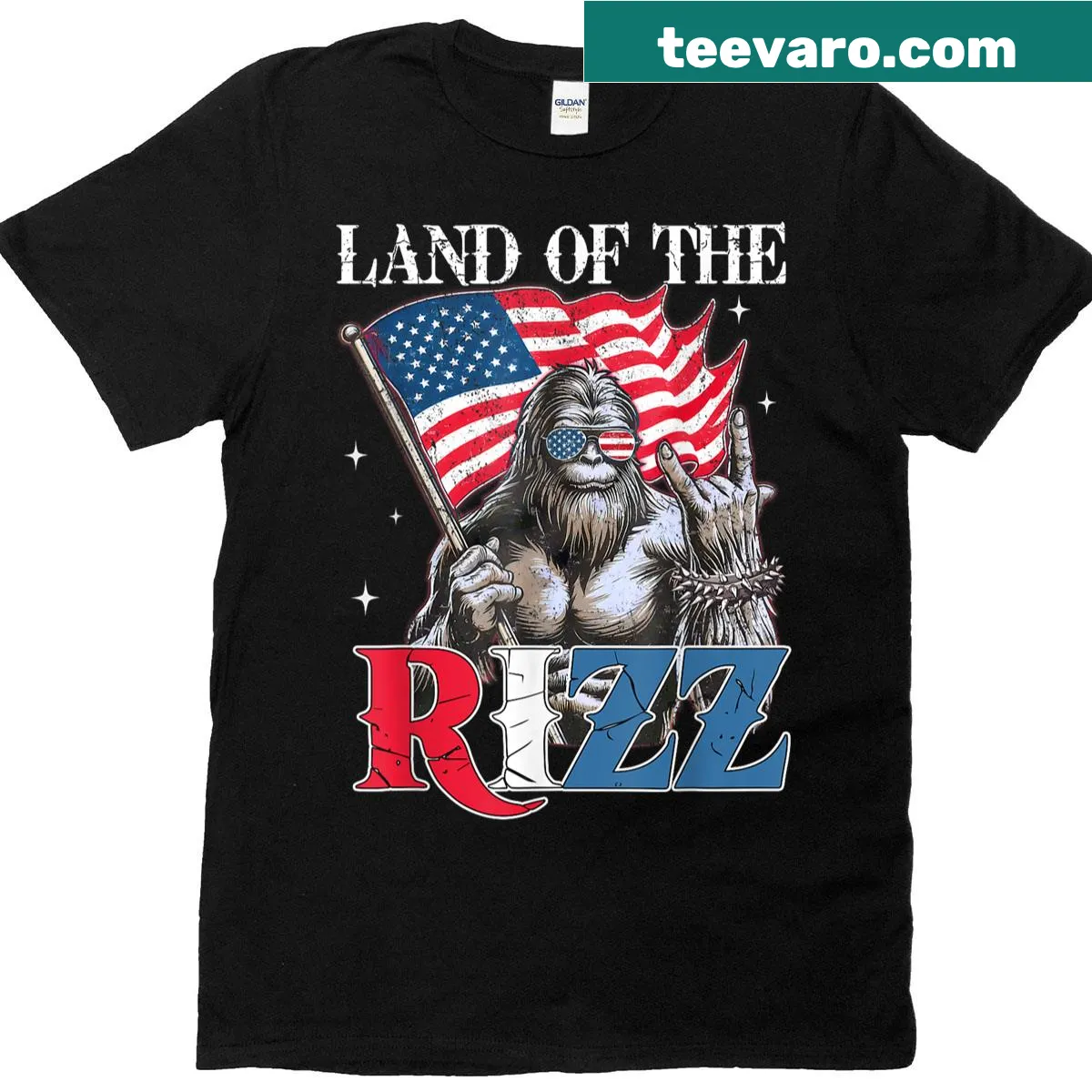 Cartoon Bigfoot in American flag for 4th of July T-shirt — on a men's t-shirt