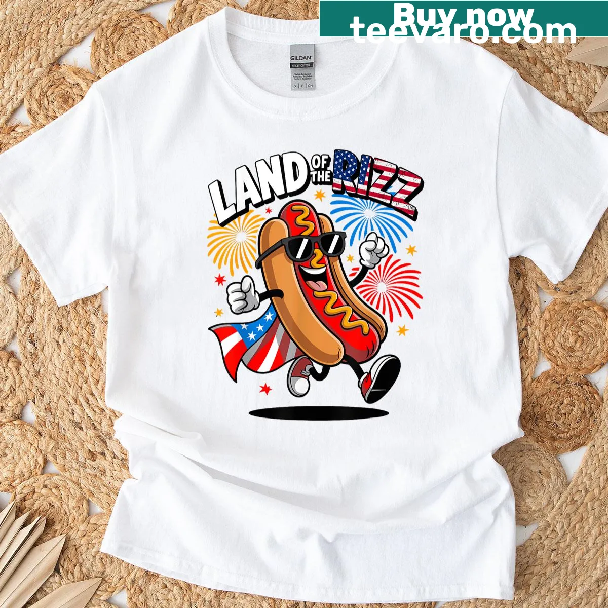 Funny 4th of July t-shirt with hotdog graphic and patriotic text — on a men's t-shirt