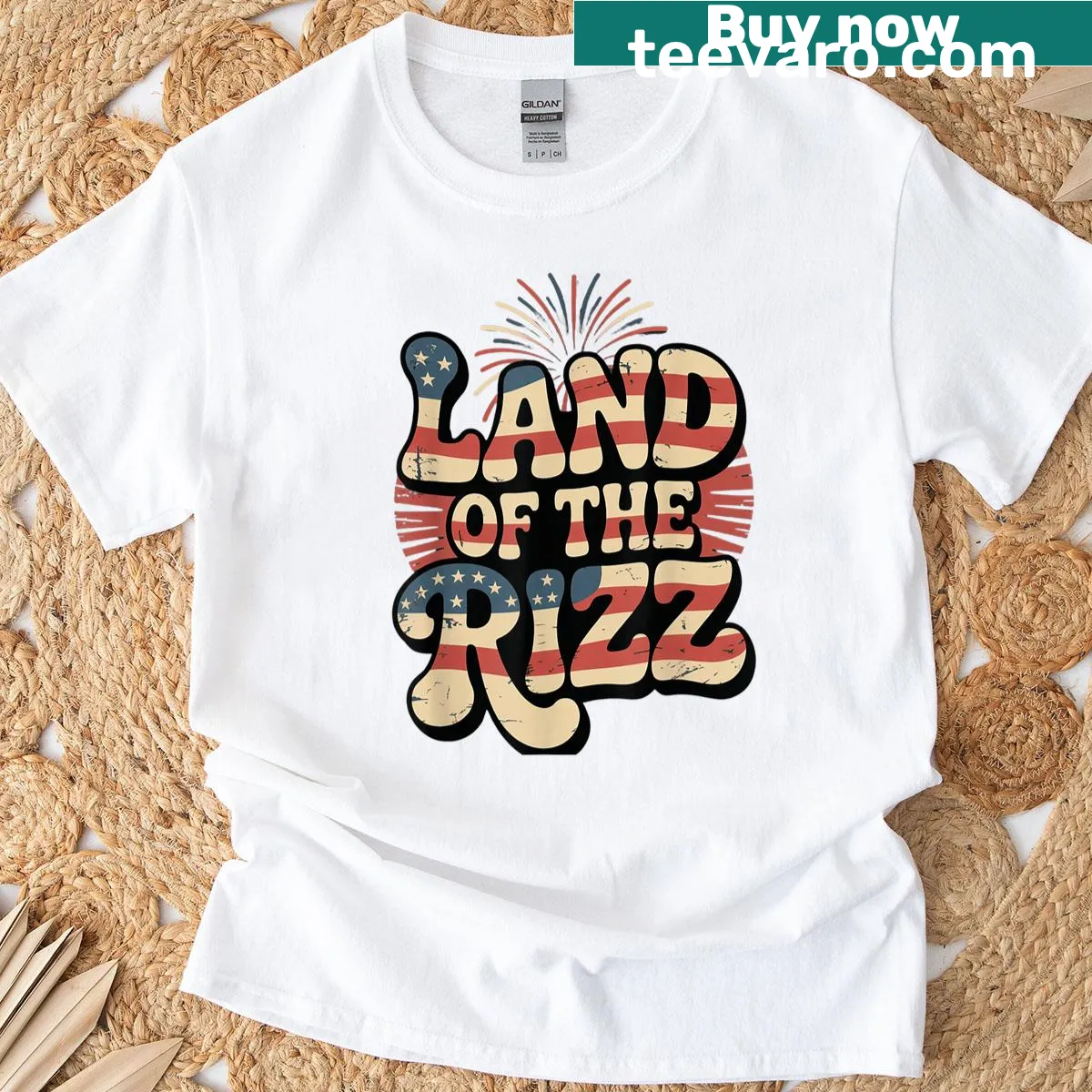 Humorous shirt with US flag and Land Of The Rizz text — on a men's t-shirt