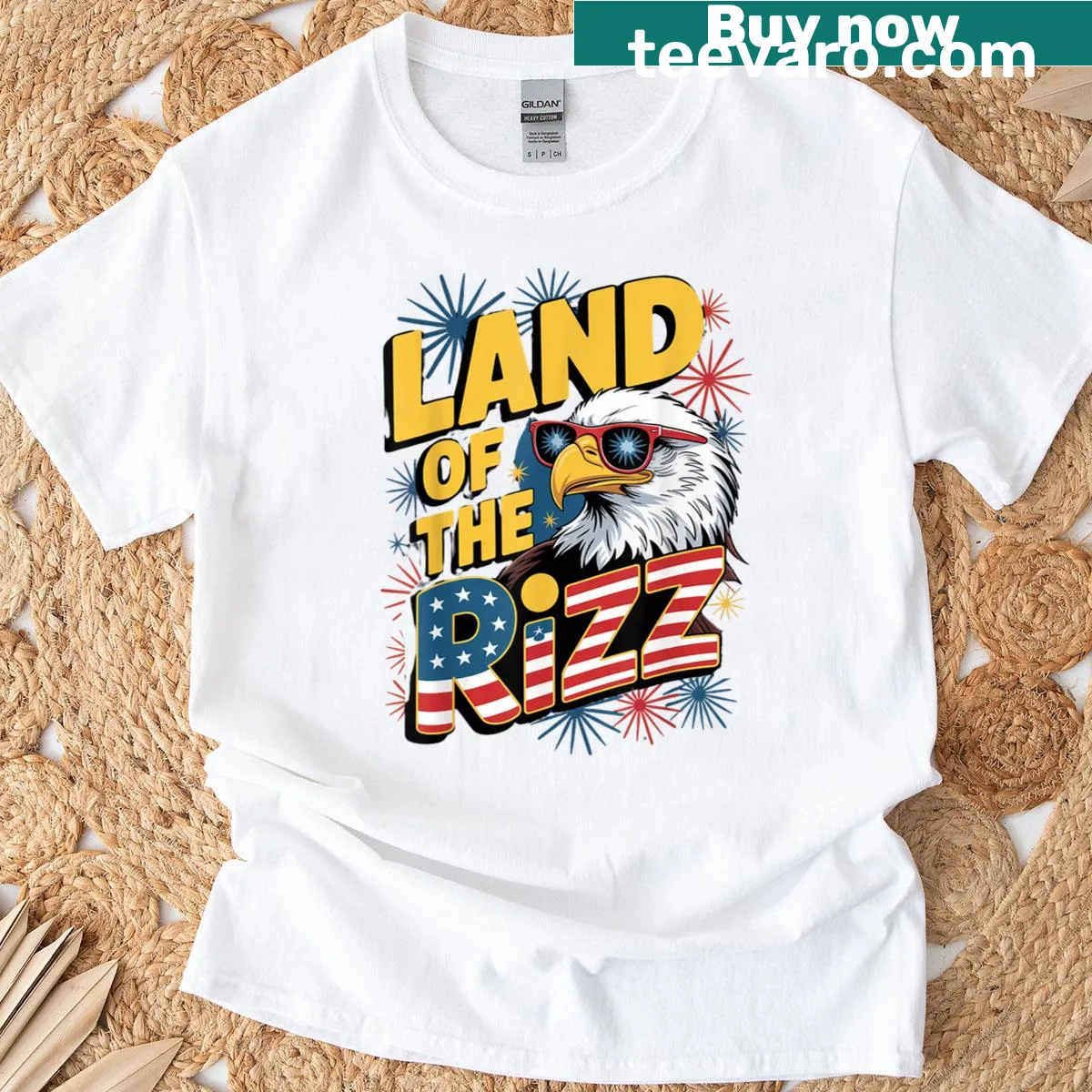 Patriotic American flag T-shirt with Land Of The Rizz text — on a men's t-shirt