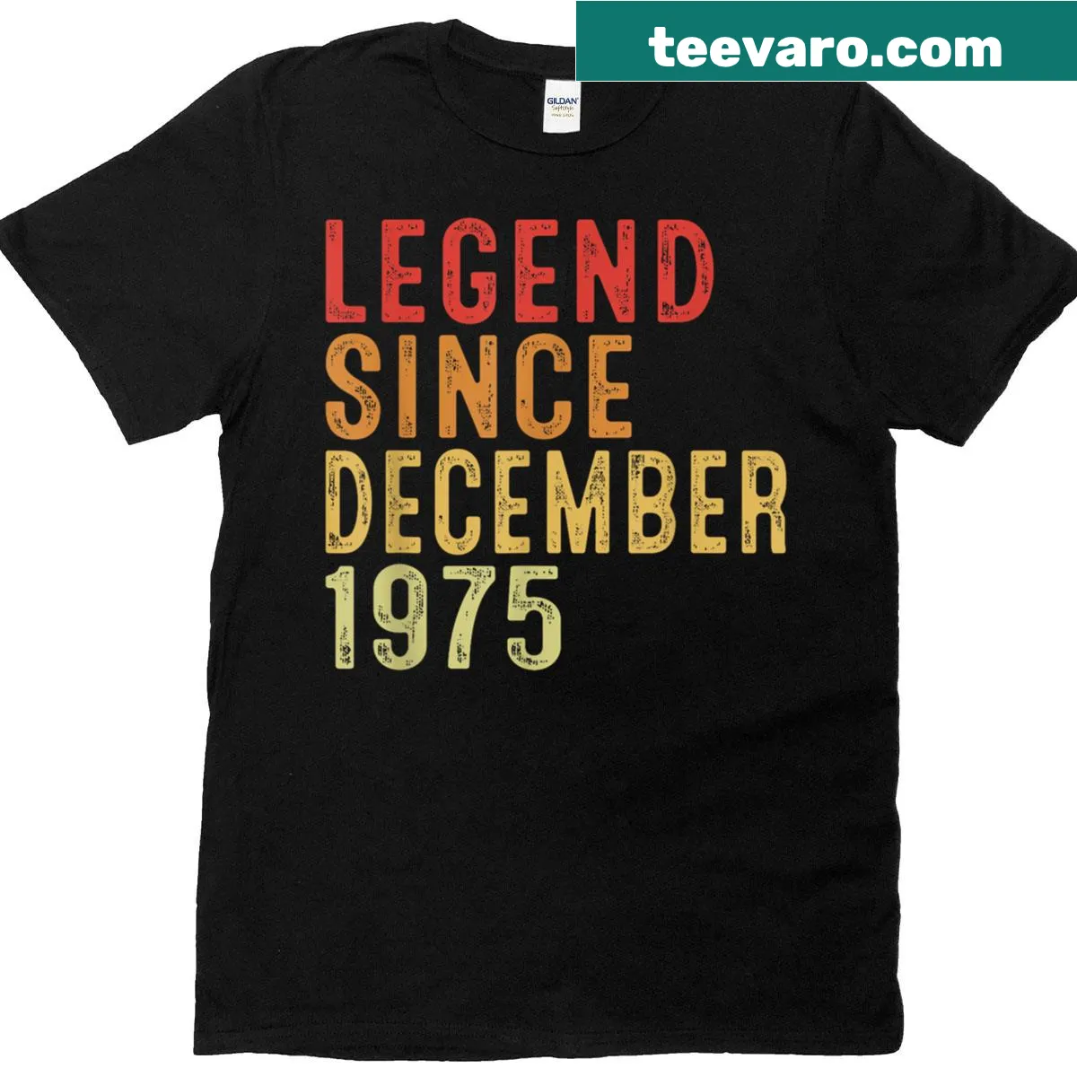 Vintage t-shirt with 'Legend Since December 1975' text — on a men's t-shirt