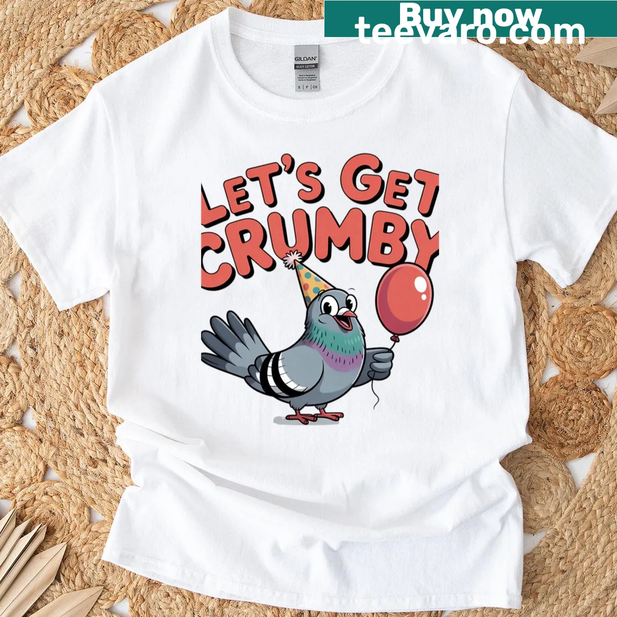Funny pigeon t-shirt with cartoon design and 'Let's Get Crumby' text — on a men's t-shirt