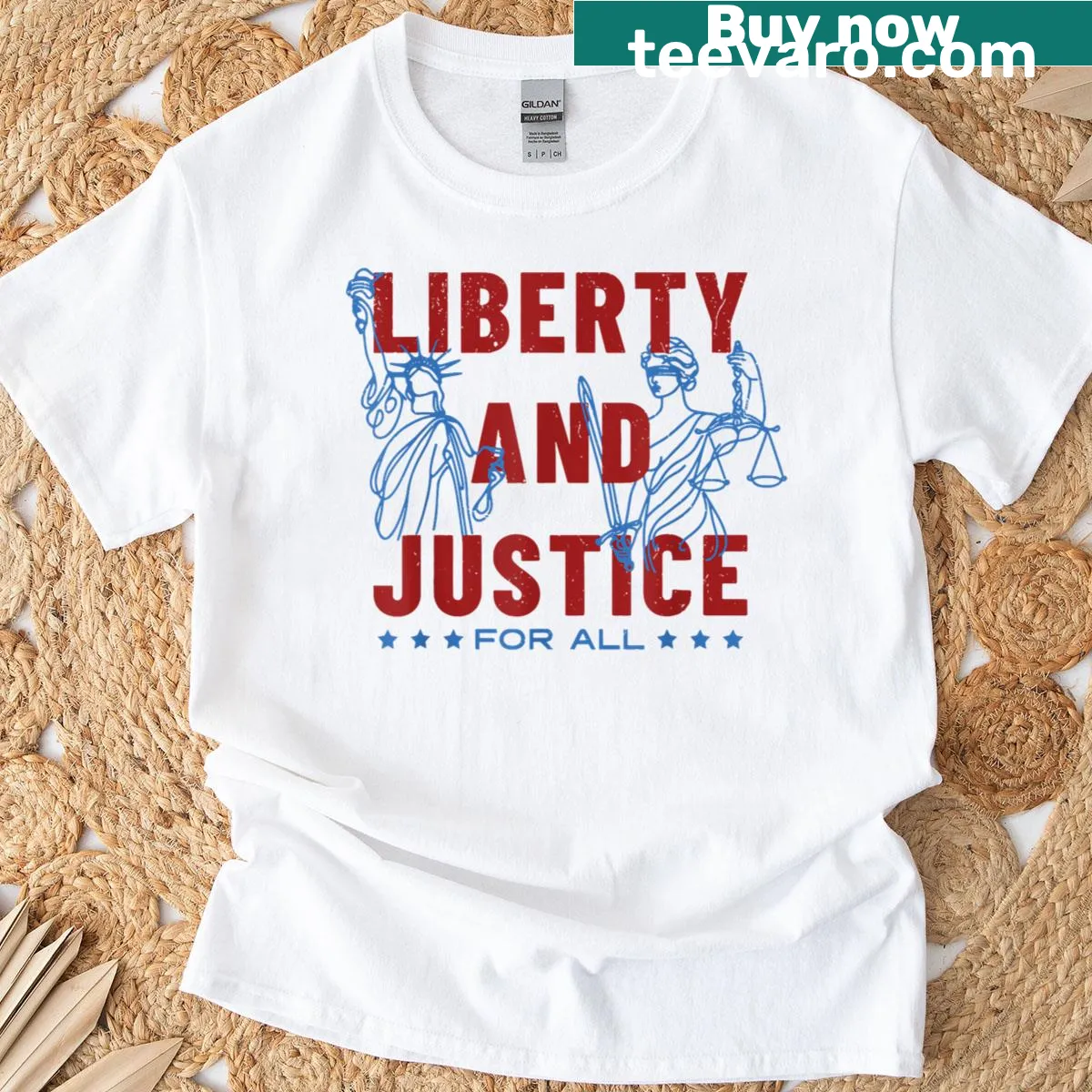 Statue of Liberty T-shirt with Liberty And Justice For All text — on a men's t-shirt