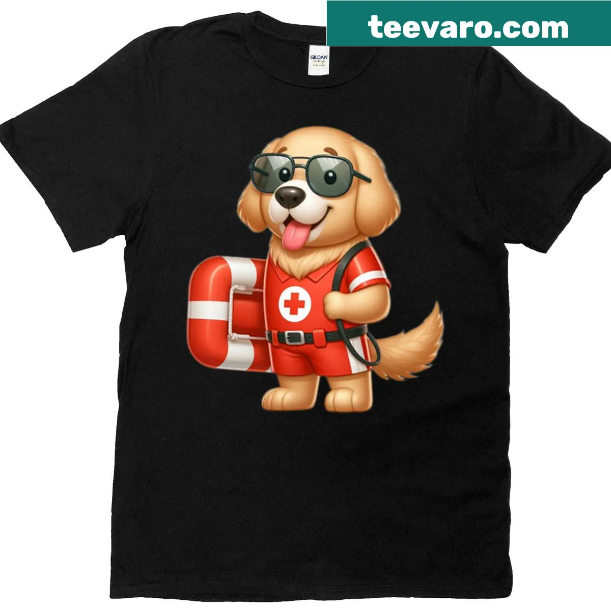 Cartoon lifeguard dog beach rescue t-shirt featuring a playful design — on a men's t-shirt