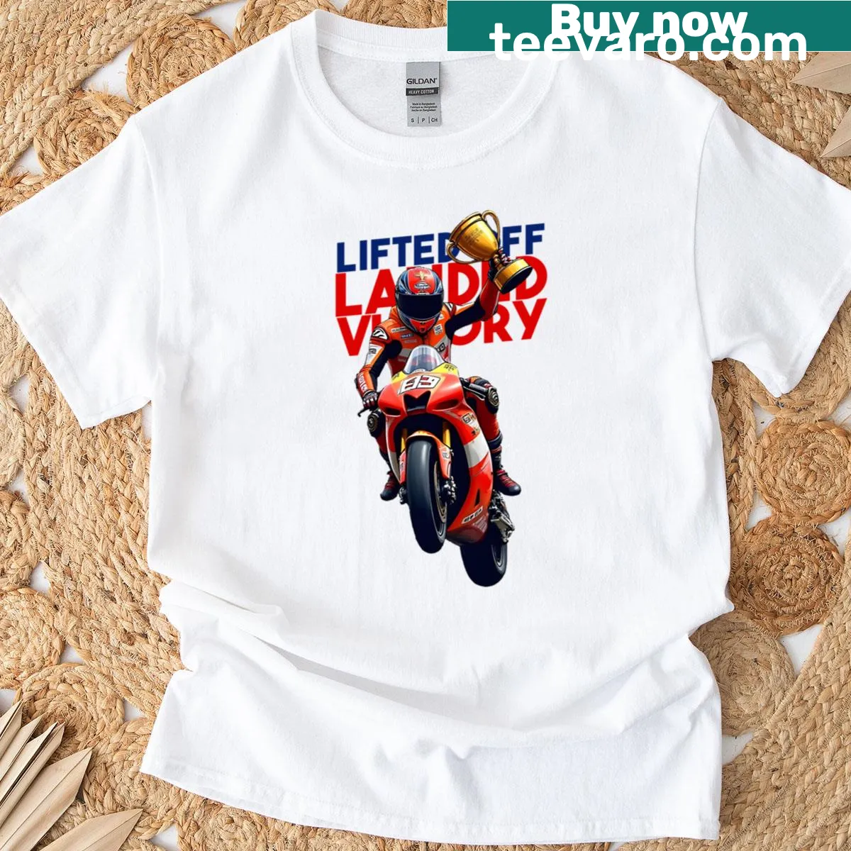 Inspirational t-shirt with the phrase 'Lifted Off, Landed Victory' — on a men's t-shirt