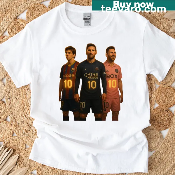 Artistic tribute to Lionel Messi's career on a soccer t-shirt