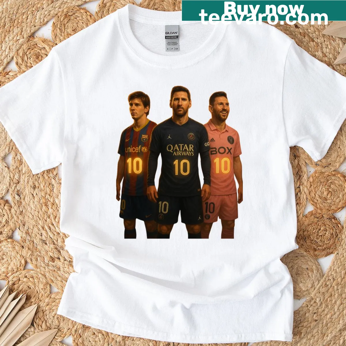 Artistic tribute to Lionel Messi's career on a soccer t-shirt — on a men's t-shirt