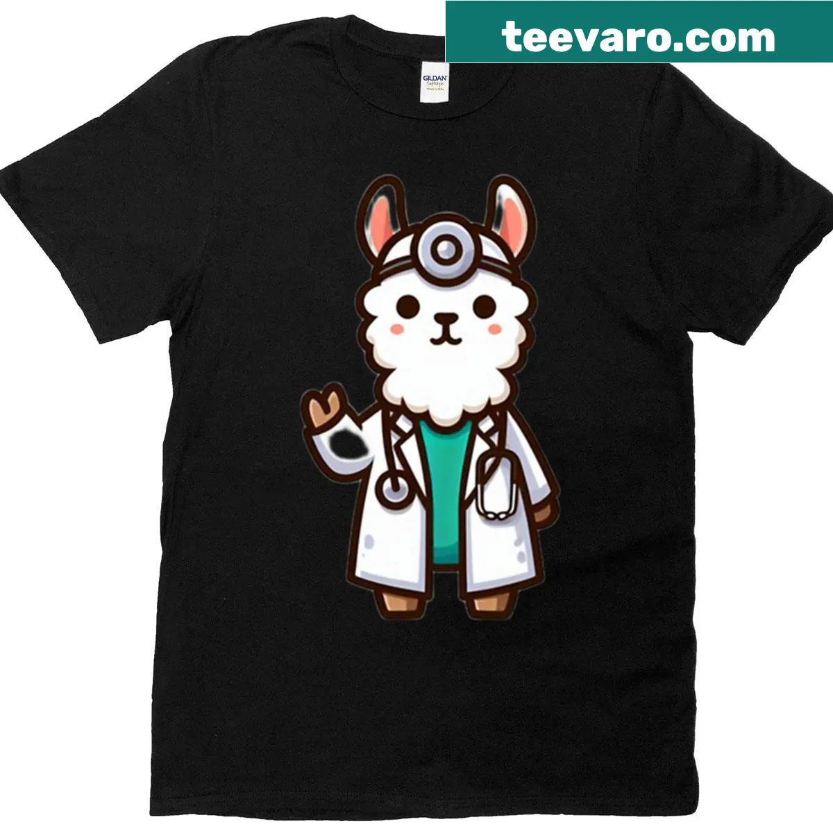 Funny llama doctor cartoon t-shirt with an oversized fit — on a men's t-shirt