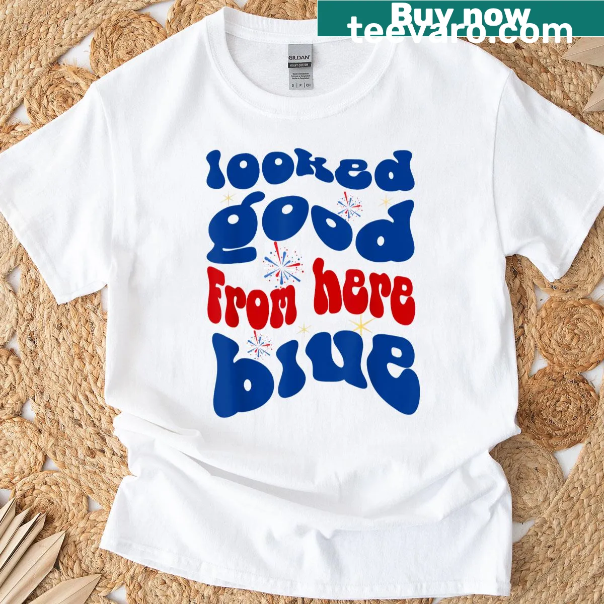 Blue t-shirt with bold text saying 'Looked Good From Here' — on a men's t-shirt