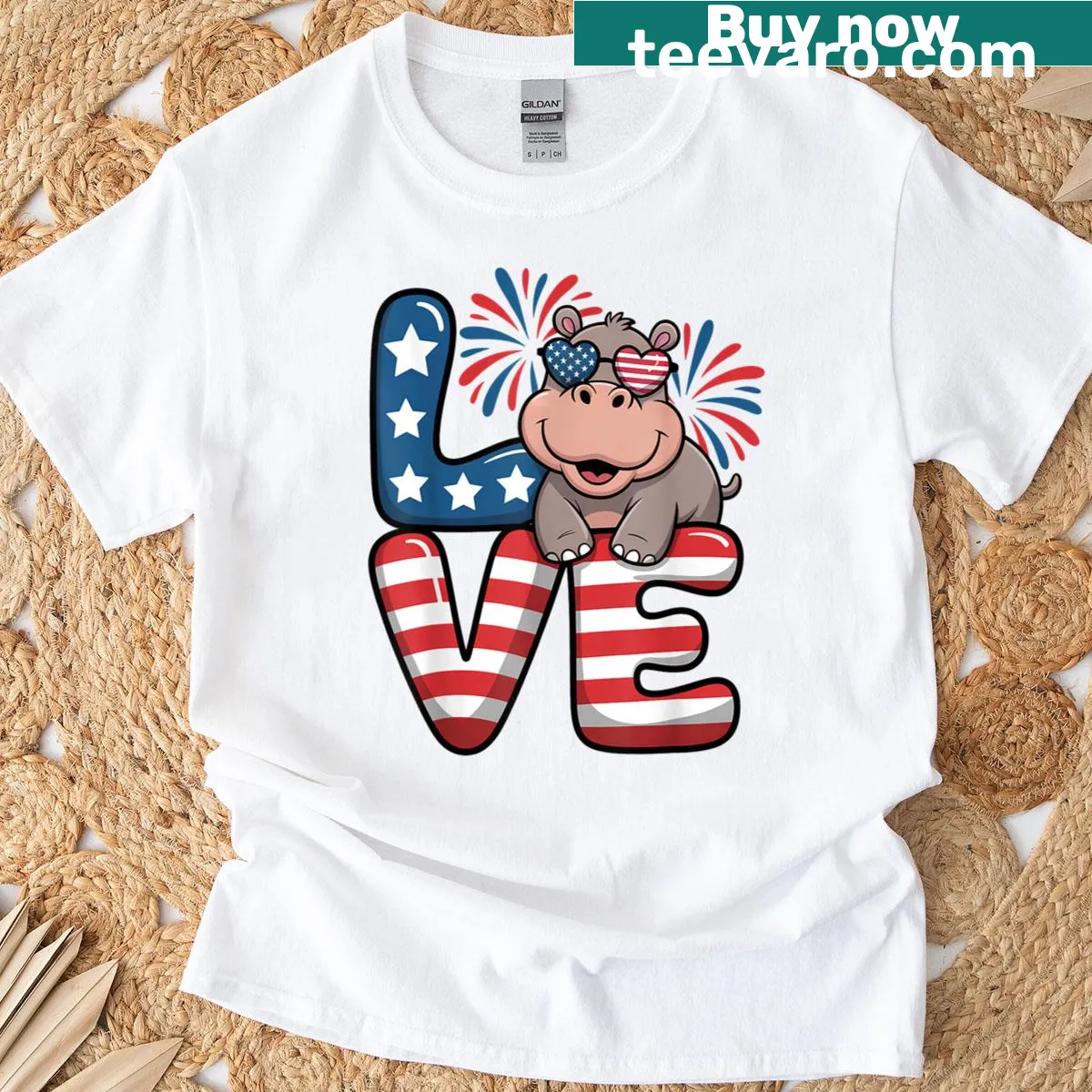 Cute cartoon hippo in sunglasses celebrating Fourth of July — on a men's t-shirt