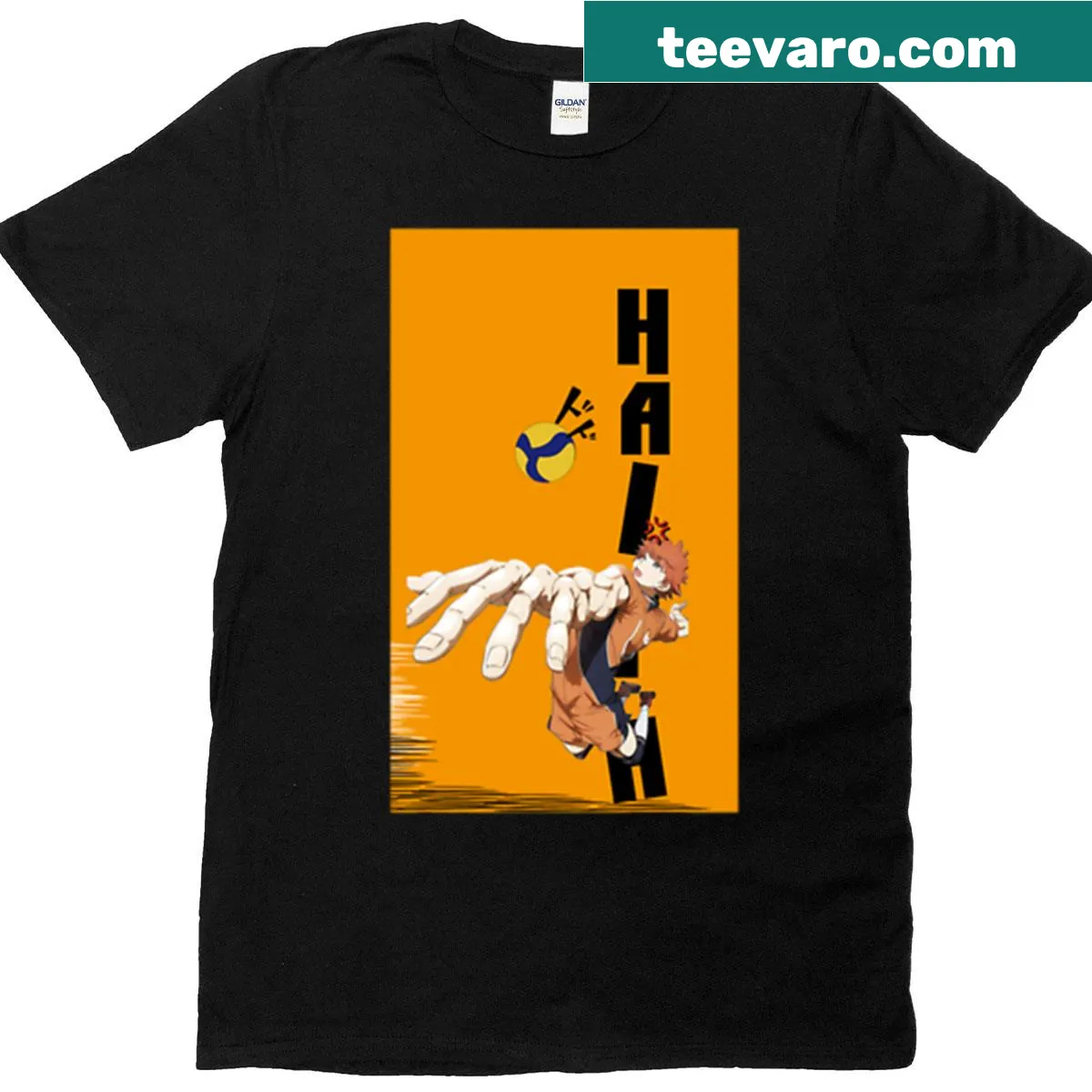 Anime volleyball T-shirt with an illustrated jump action scene — on a men's t-shirt