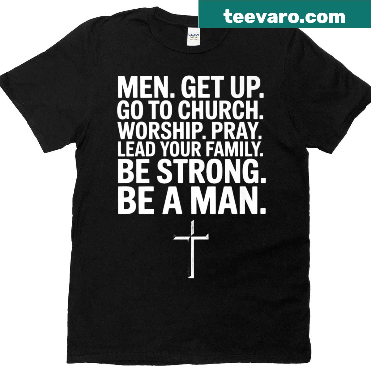 Inspirational t-shirt for men focusing on faith and family values — on a men's t-shirt