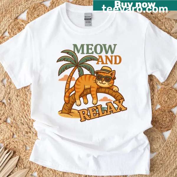 Cartoon cat relaxing on a palm tree design