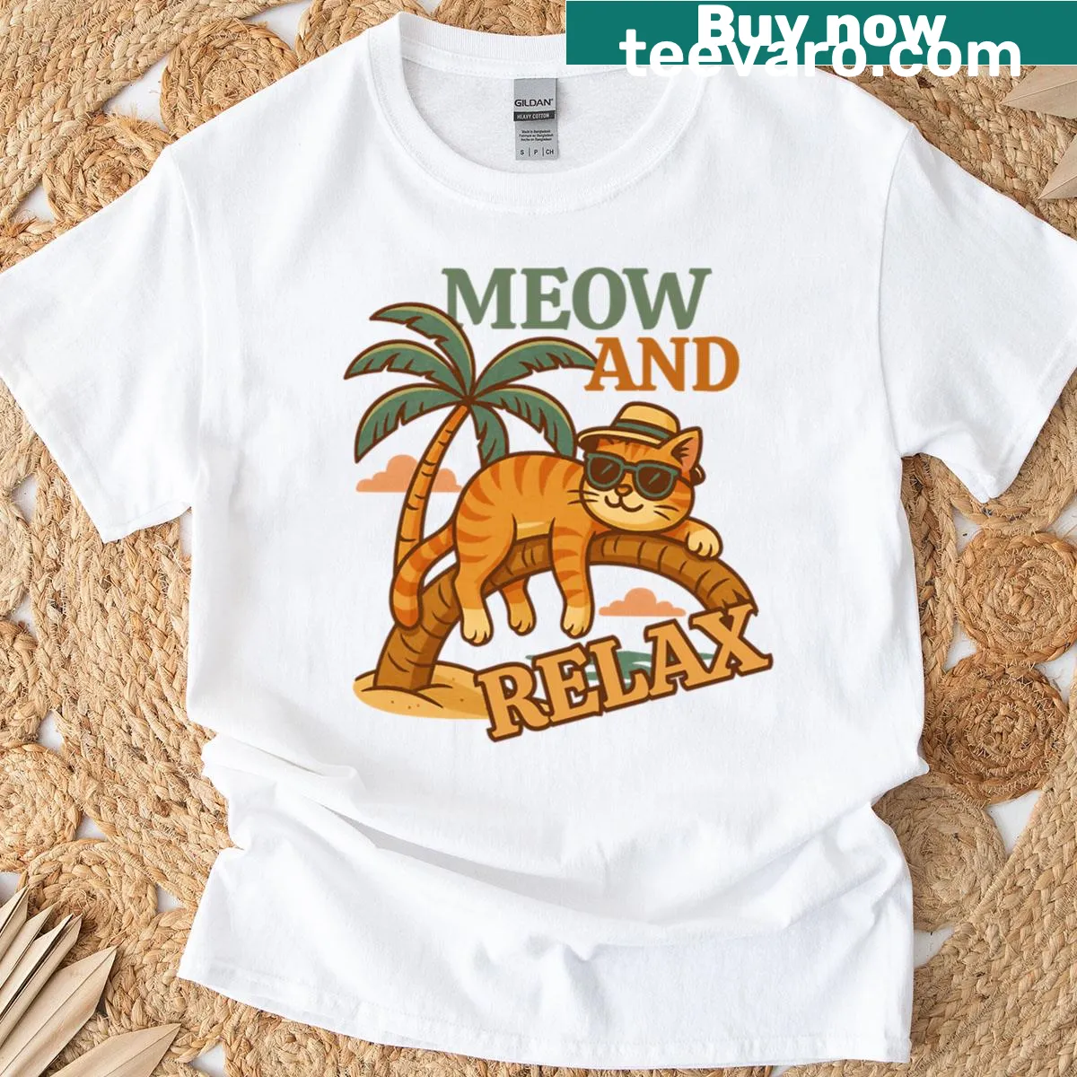 Cartoon cat relaxing on a palm tree design — on a men's t-shirt